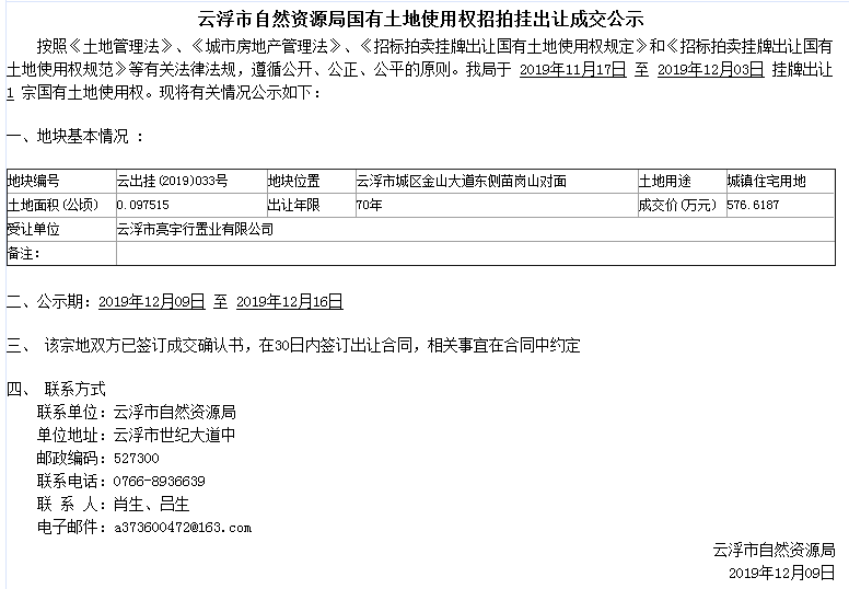 云浮市自然资源局国有土地使用权招拍挂出让成交公示（云出挂〔2019〕033号）.png