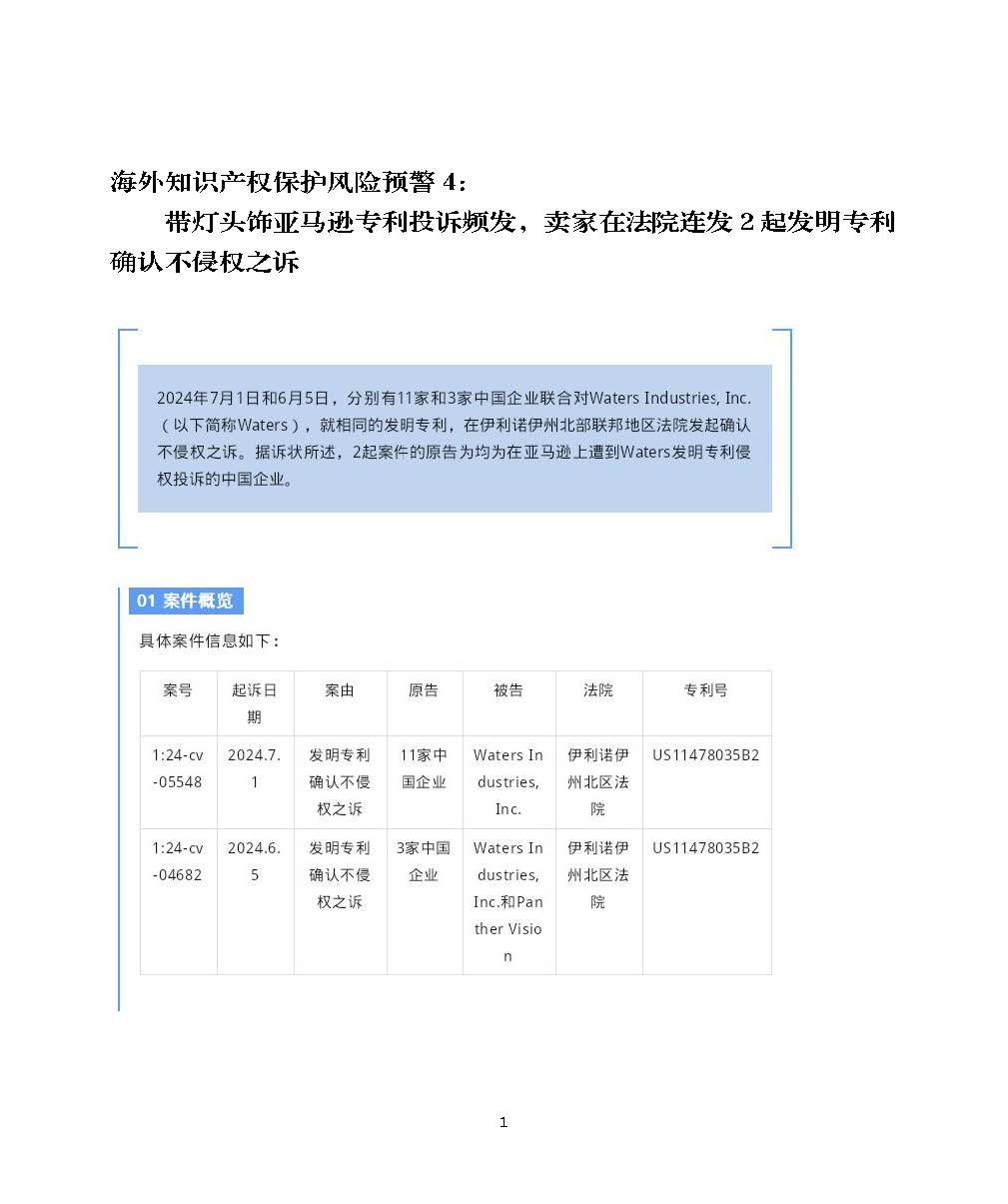 海外知识产权保护风险预警4：带灯头饰亚马逊专利投诉频发，卖家在法院连发2起发明专利确认不侵权之诉_页面_1.jpg